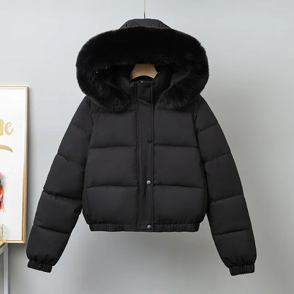 Black puffer jacket with fur hood on a mannequin against a light gray background