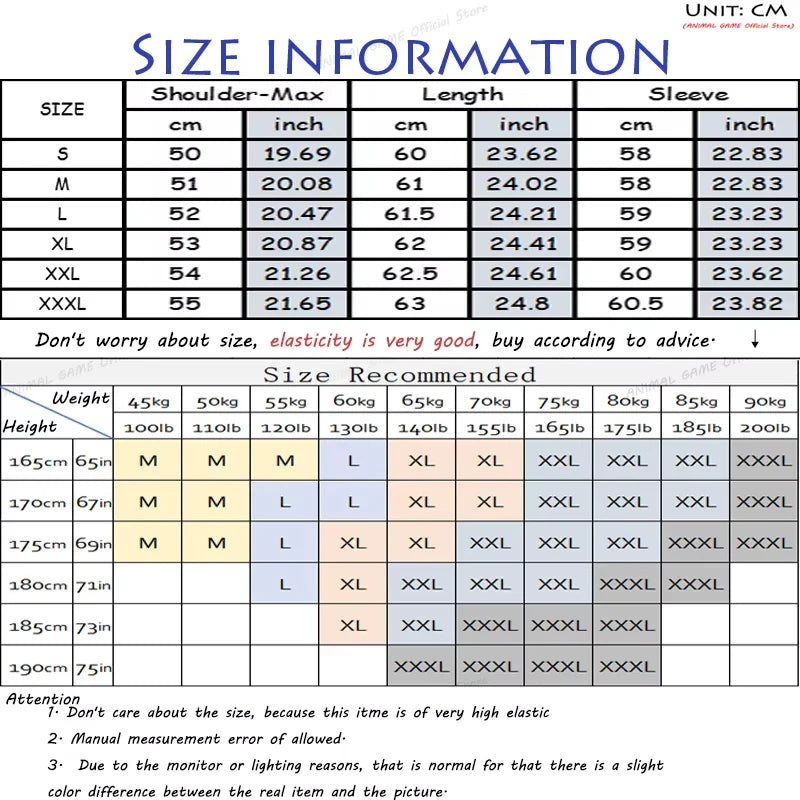 Size information chart for clothing with measurements in centimeters and inches.