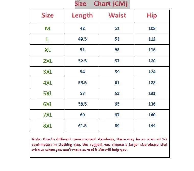 Size chart for clothing measurements in centimeters
