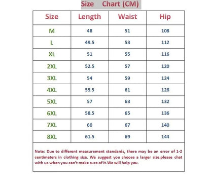 Size chart for clothing measurements in centimeters