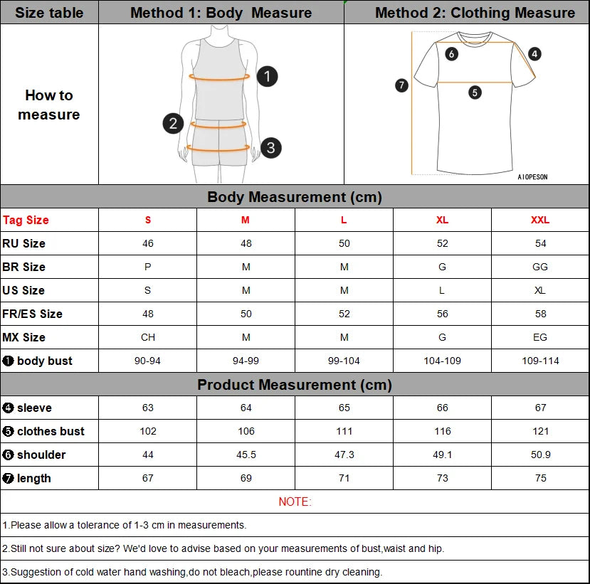 Size chart for clothing measurements with text and graphics