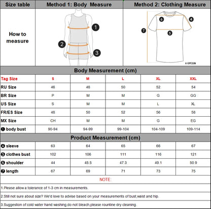 Size chart for clothing measurements with text and graphics