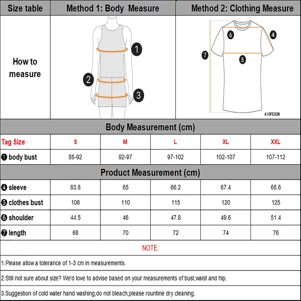 Size chart for clothing with measurements in centimeters