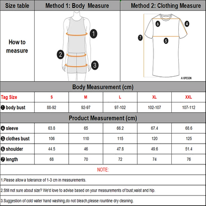 Size chart for clothing with measurements in centimeters