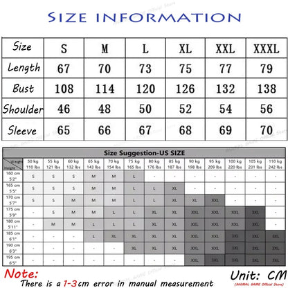 Size chart for clothing with measurements in centimeters and suggested US sizes.