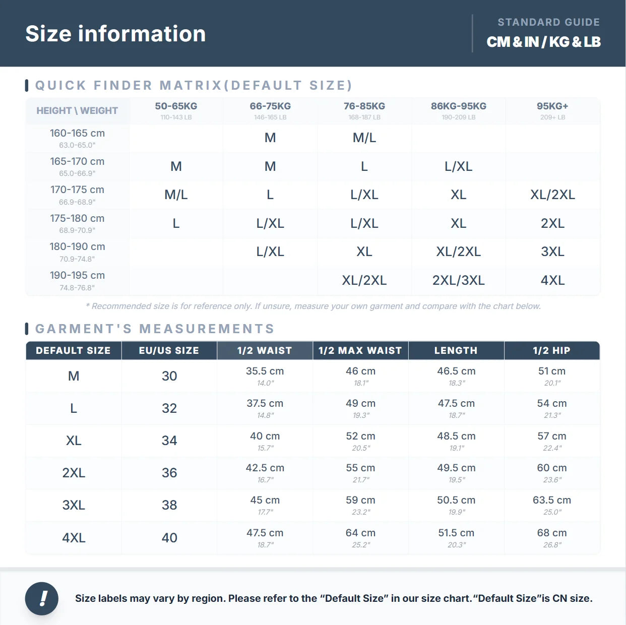 Size chart for clothing with quick finder matrix and garment measurements.