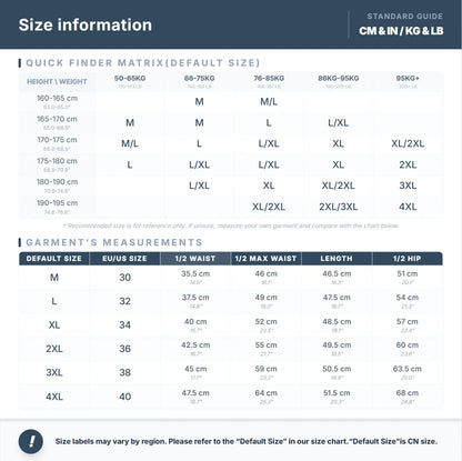 Size chart for clothing with quick finder matrix and garment measurements.