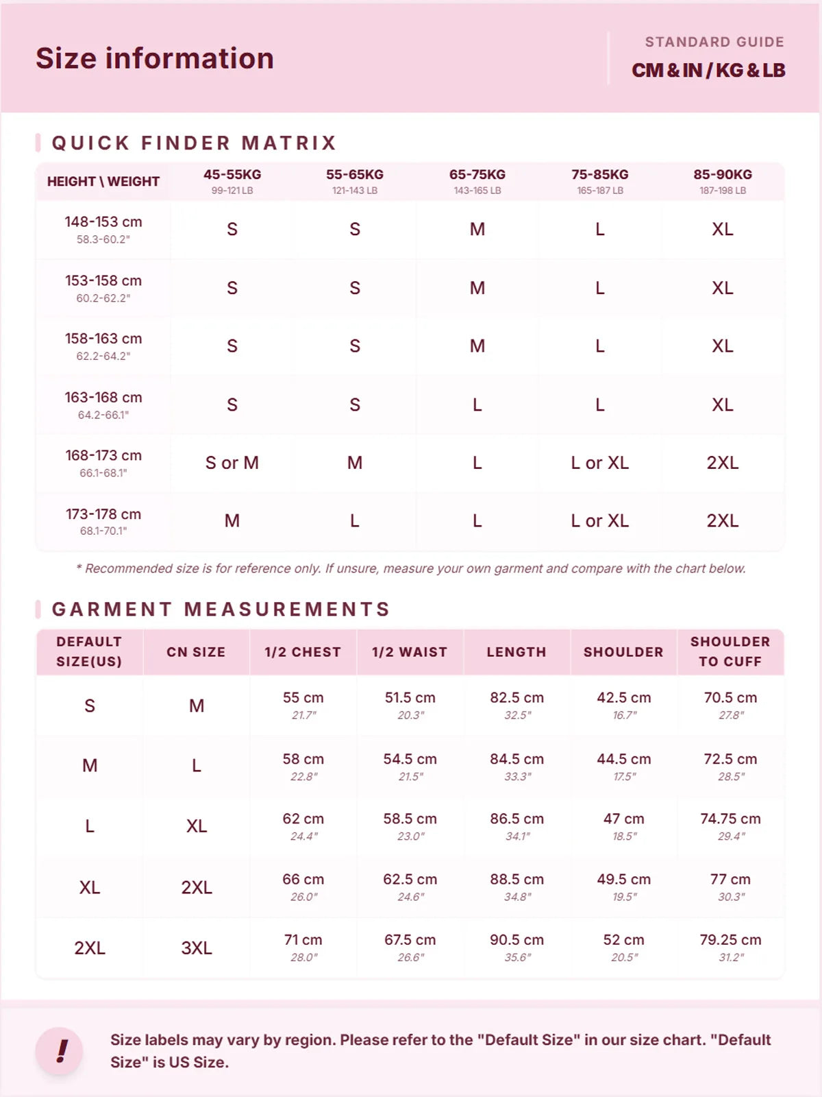 Size chart for clothing with quick finder matrix and garment measurements on a pink background