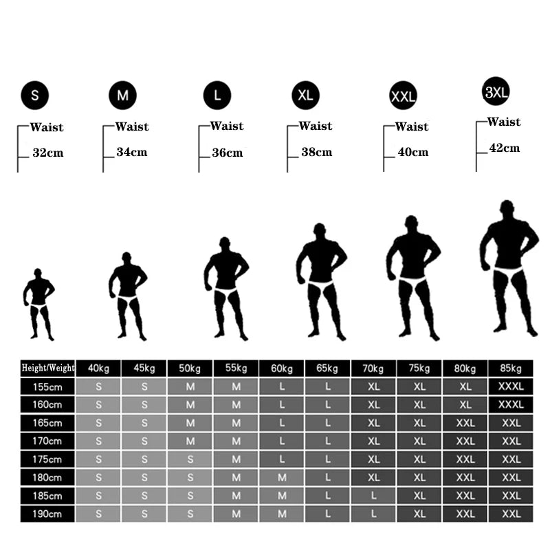 Size chart for men's underwear with height, weight, and waist measurements.