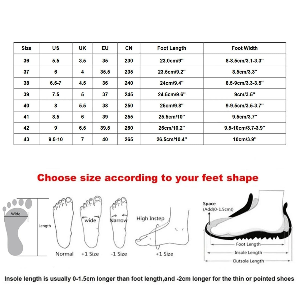 Size chart for shoes with foot measurements and shape analysis
