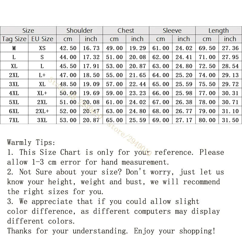 Size chart with measurements for clothing in centimeters and inches, accompanied by warmly tips text.