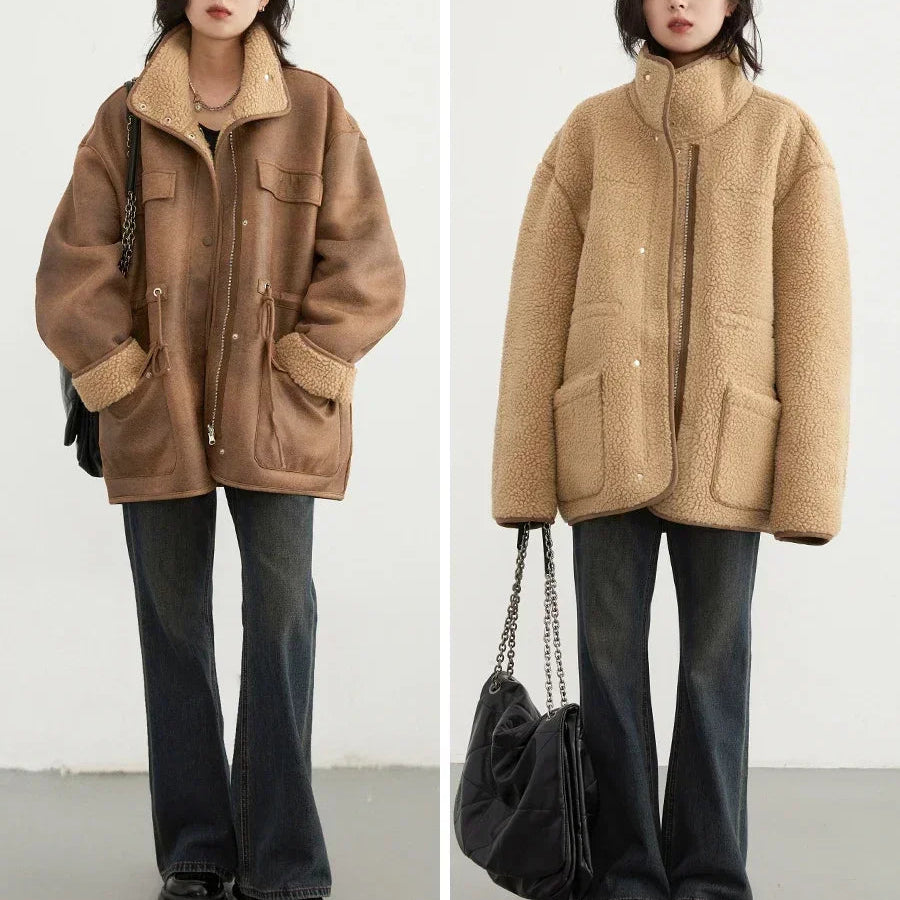 Two images of a person wearing brown jackets with fur lining, standing against a white background.