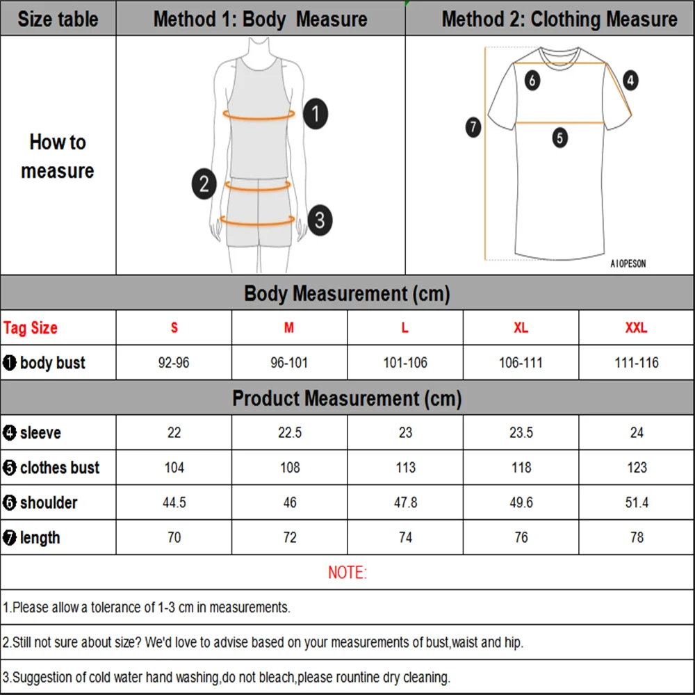 Measurement chart for clothing with diagrams and size chart