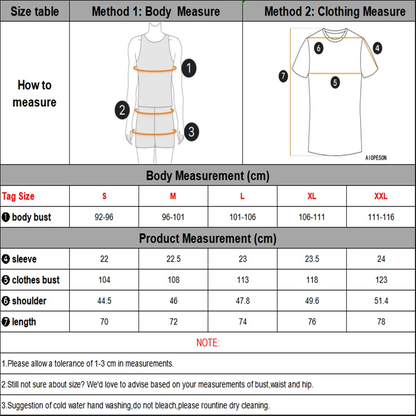 Measurement chart for clothing with diagrams and size chart