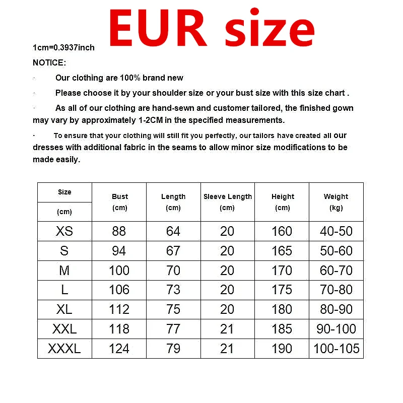 Size chart for clothing with shoulder and bust measurements in centimeters.