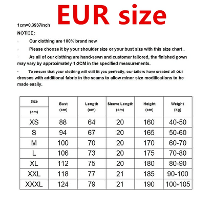 Size chart for clothing with shoulder and bust measurements in centimeters.