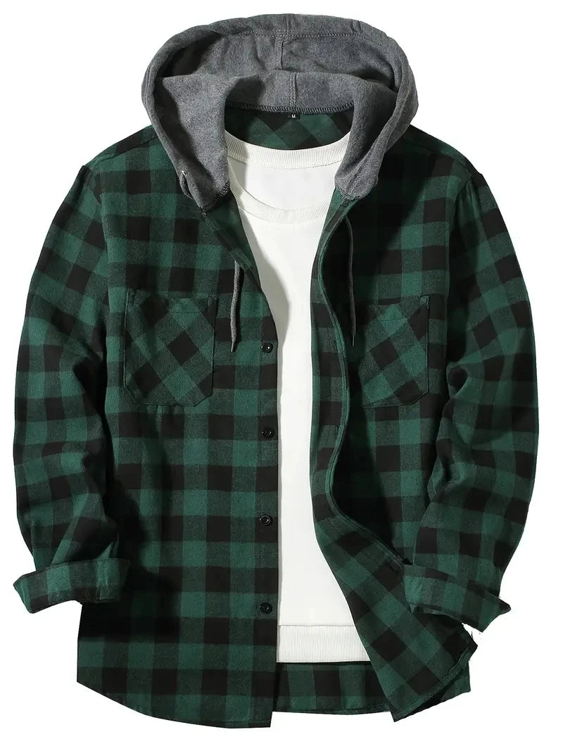 VALORIA | Men’s Hooded Plaid Shirt Jacket front view
