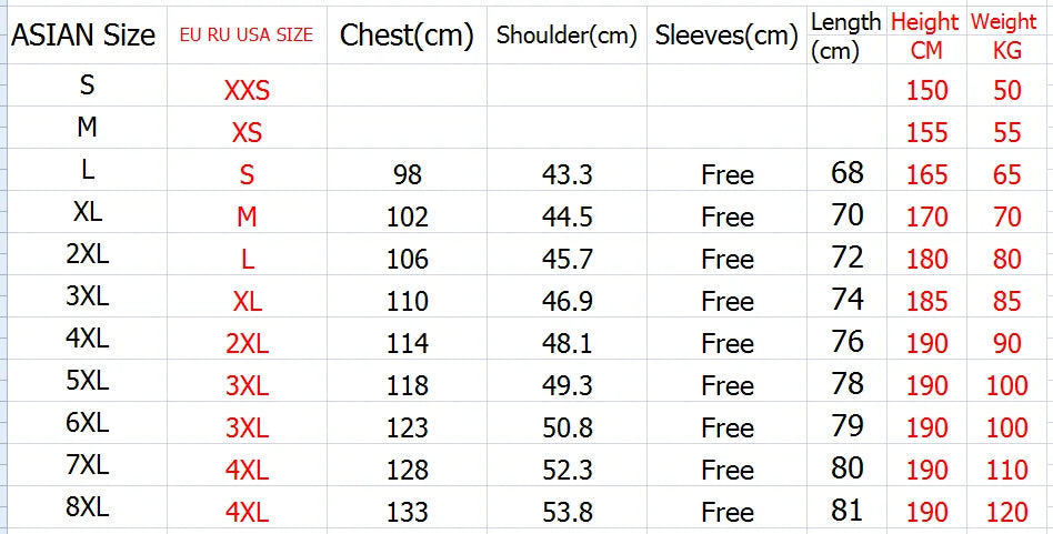 Size chart for ASIAN clothing with measurements in centimeters and weights in kilograms.