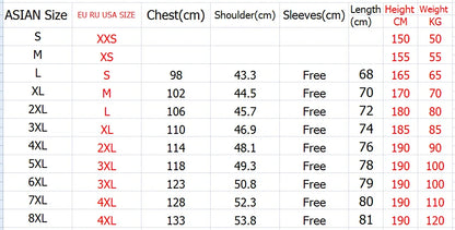 Size chart for ASIAN clothing with measurements in centimeters and weights in kilograms.