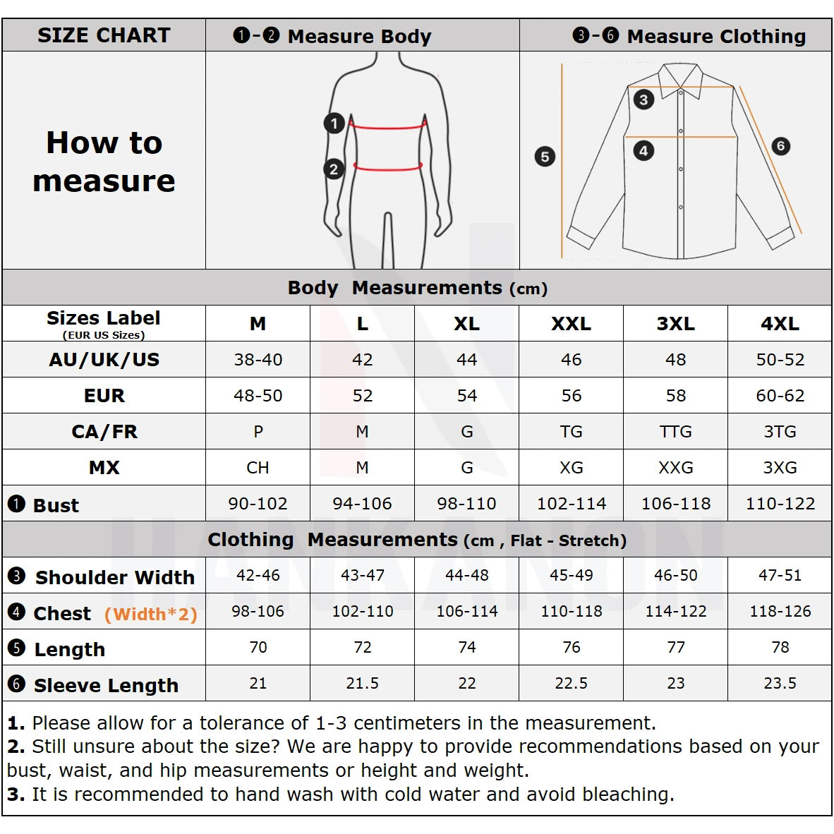 Size chart for clothing measurements with body and shirt illustrations