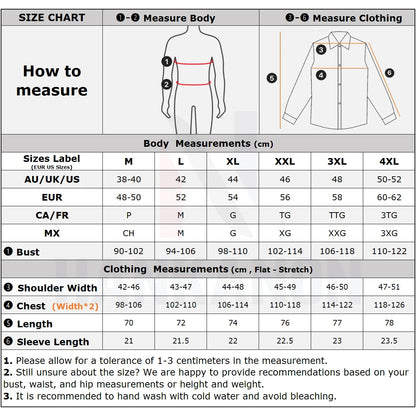 Size chart for clothing measurements with body and shirt illustrations