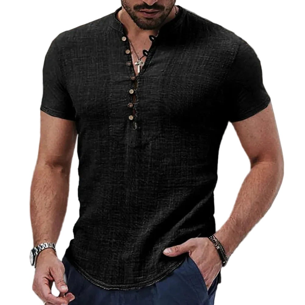 VALORIA | Men’s breathable cotton linen V-neck button T-shirt for summer wear