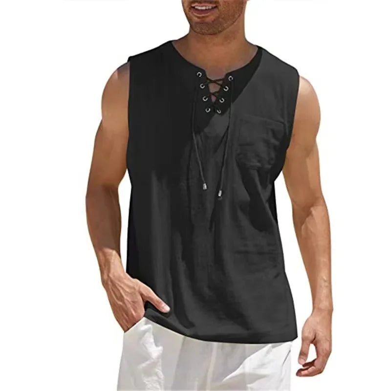 VALORIA | Men’s breathable cotton linen lace-up tank top for summer wear