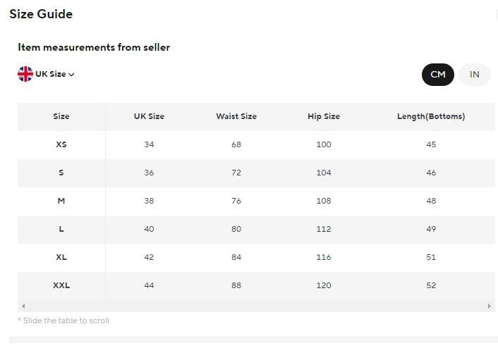 Size guide chart for clothing measurements in UK sizes, waist, hip, and length.