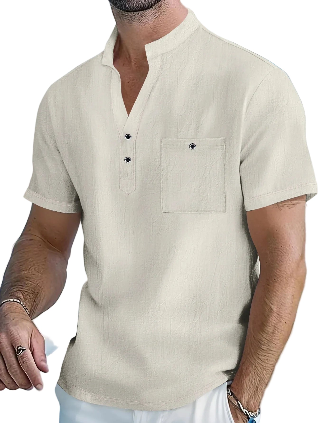 VALORIA | Men’s comfortable cotton linen stand collar shirt lightweight fabric