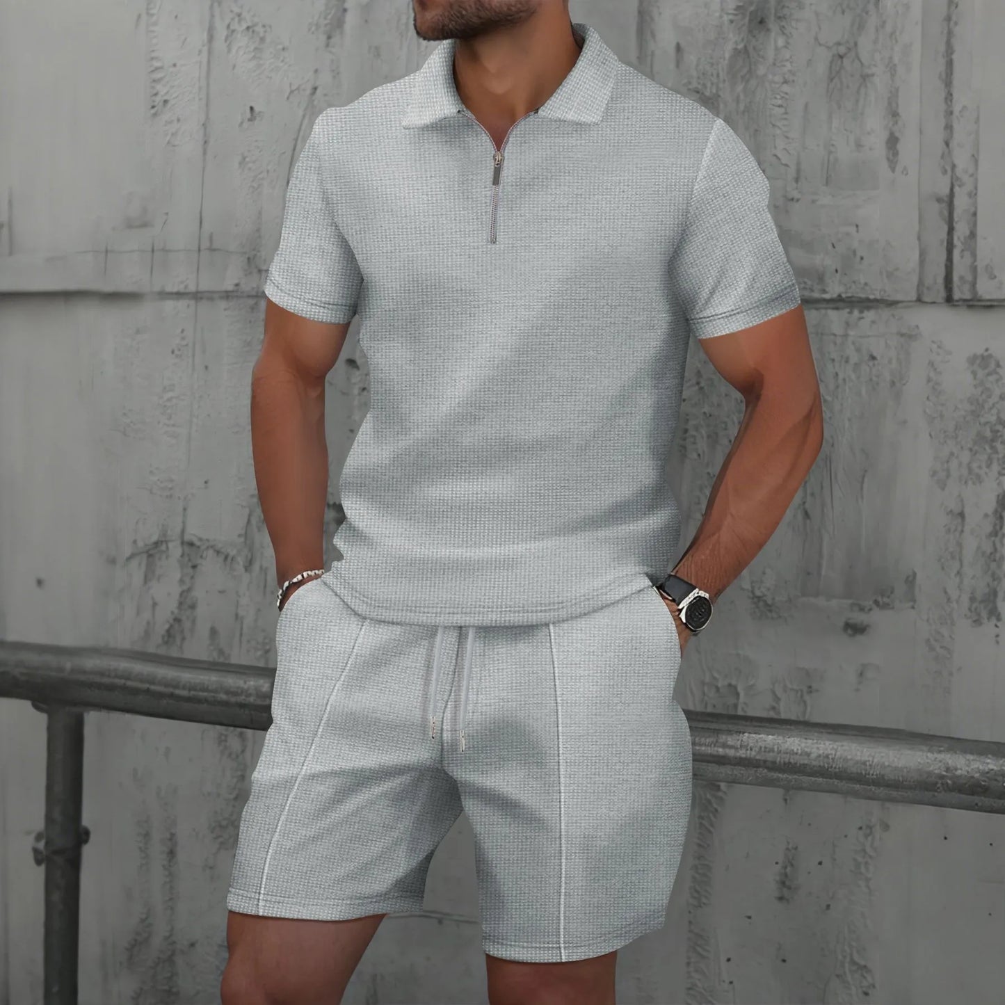 VALORIA | Men’s comfortable waffle knit polo and shorts set soft textured fabric