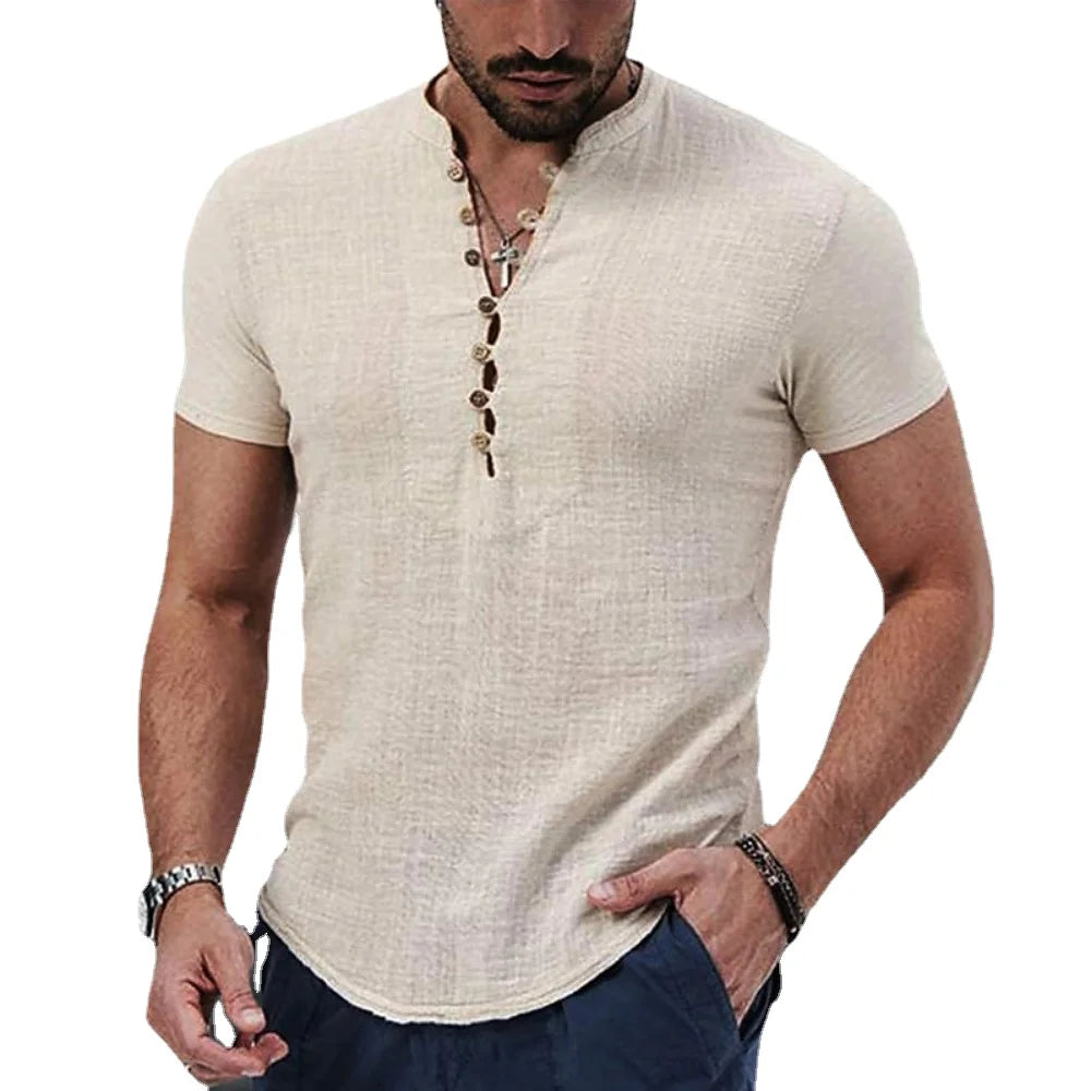 VALORIA | Men’s cotton linen V-neck button T-shirt