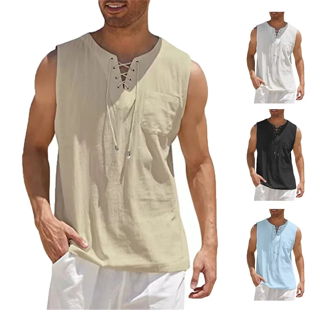 VALORIA | Men’s cotton linen lace-up tank top