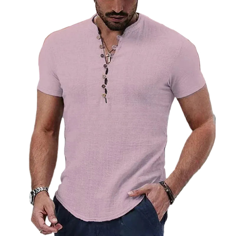 VALORIA | Men’s fashionable V-neck button T-shirt with classic cotton linen style