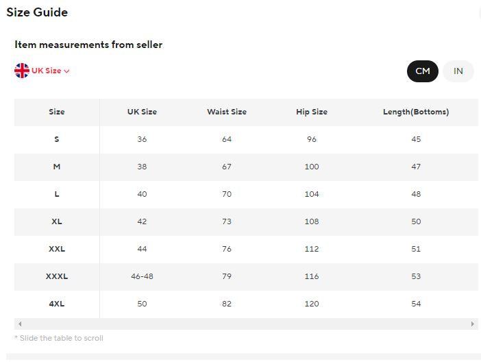 Size chart for clothing measurements in UK sizes, waist, hip, and length.
