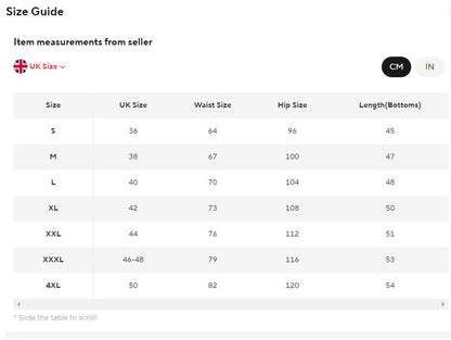 Size chart for clothing measurements in UK sizes, waist, hip, and length.