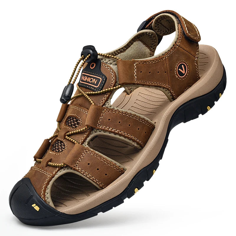 Brown sandal with black sole on a white background