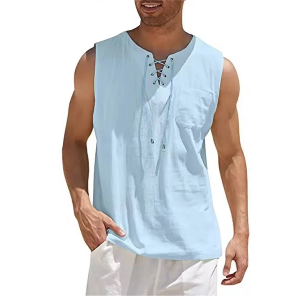 VALORIA | Men’s lightweight cotton linen lace-up tank top for everyday comfort