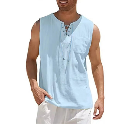 VALORIA | Men’s lightweight cotton linen lace-up tank top for everyday comfort