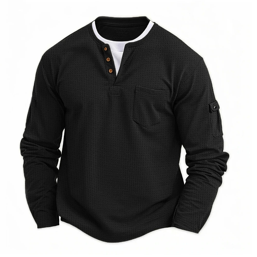 VALORIA | Men’s long sleeve Henley shirt featuring a breathable waffle texture