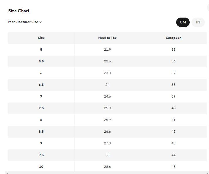 size chart for sneaker 