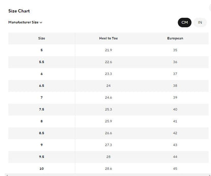 size chart for sneaker 