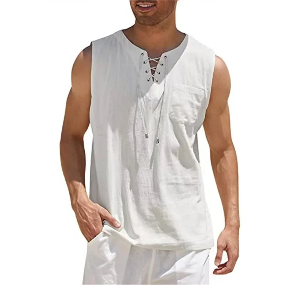 VALORIA | Men’s premium cotton linen lace-up tank top with soft natural fabric