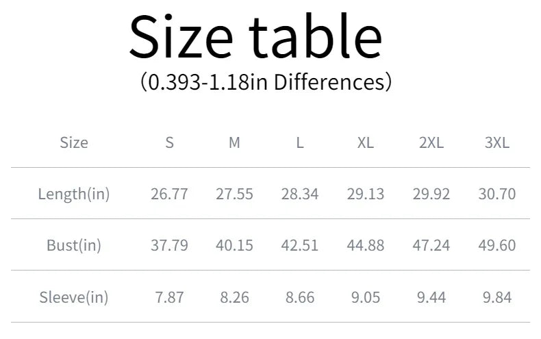 Size chart for clothing with measurements in inches