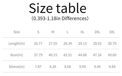 Size chart for clothing with measurements in inches