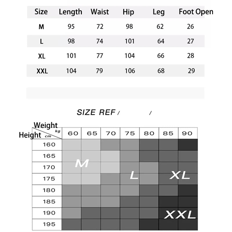 Measurement chart for clothing sizes with dimensions and weight-height reference chart.