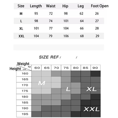 Measurement chart for clothing sizes with dimensions and weight-height reference chart.