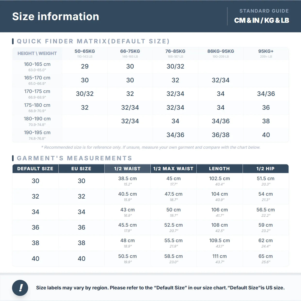 Size chart for clothing with quick finder matrix and garment measurements.