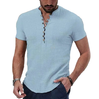 VALORIA | Men’s soft cotton linen V-neck button T-shirt with breathable comfort