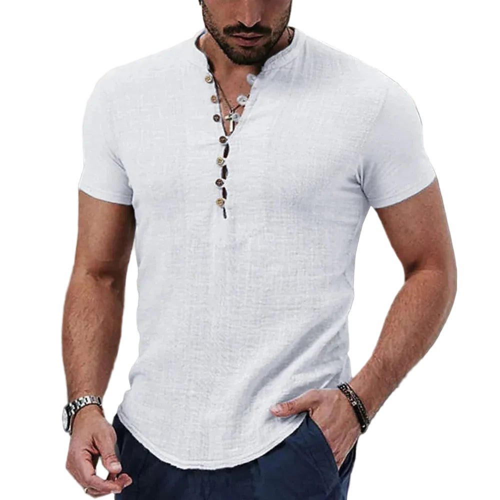 VALORIA | Men’s stylish cotton linen V-neck button T-shirt with relaxed fit