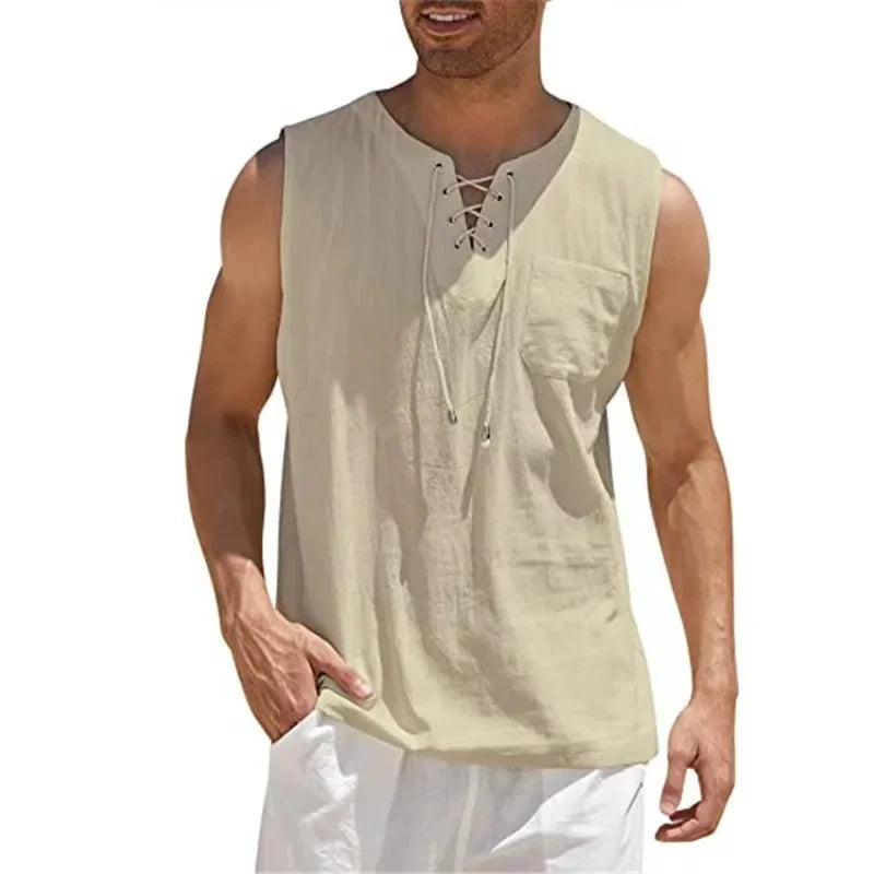 VALORIA | Men’s stylish cotton linen lace-up tank top with relaxed fit
